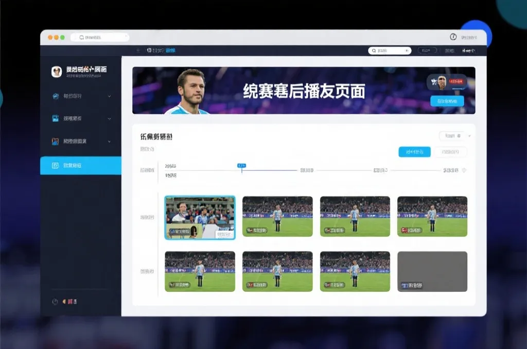 比赛结束后，电视屏幕展示集锦回放页面，旁边有时间轴和多角度切换提示